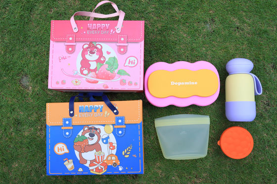 Set regalo pranzo in silicone Macaron – Bento Box diviso, bottiglia in acciaio inossidabile 304, sacchetto per alimenti in silicone e contenitore per la conservazione, stoviglie ecologiche per le feste