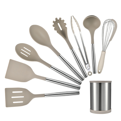 9pcs Silicone utensili da cucina Set utensili da cucina non appiccicosi con maniglia in acciaio inossidabile Turner Tong, spatola, spazzola cucchiaio