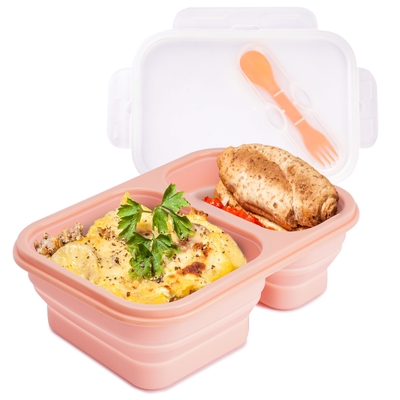 Un buon prezzo. 2 Comparti Contenitori di pranzo pieghevoli con coperchio Scatola da pranzo con utensili Bento di silicone pieghevole per adulti Senza BPA in linea